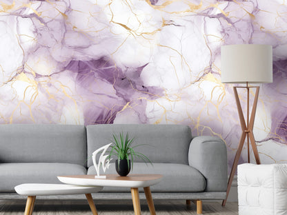 Removable Wallpaper, White, Gold and Purple Marble - Peel & Stick, Reusable, Self Adhesive, 26" Panels, Easy Install, Seamless