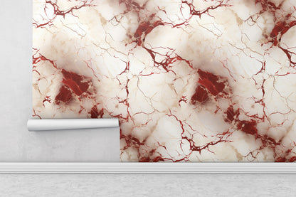 Removable Wallpaper, White and Red Marble - Peel & Stick, Reusable, Self Adhesive, 26" Panels, Easy Install, Seamless