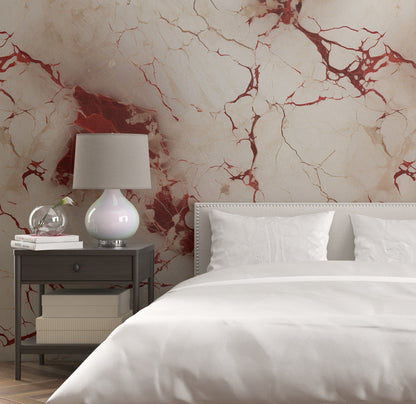 Removable Wallpaper, White and Red Marble - Peel & Stick, Reusable, Self Adhesive, 26" Panels, Easy Install, Seamless