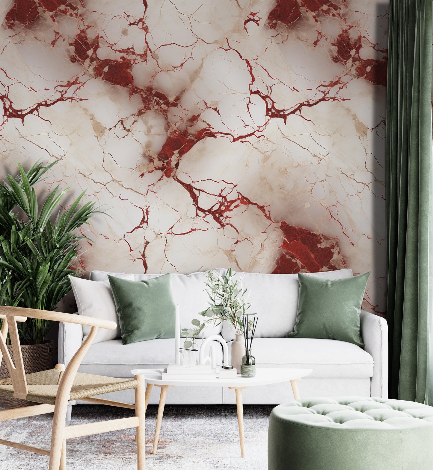 Removable Wallpaper, White and Red Marble - Peel & Stick, Reusable, Self Adhesive, 26" Panels, Easy Install, Seamless