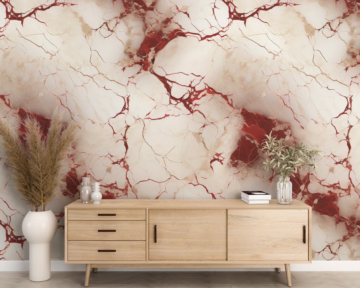 Removable Wallpaper, White and Red Marble - Peel & Stick, Reusable, Self Adhesive, 26" Panels, Easy Install, Seamless