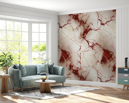 Removable Wallpaper, White and Red Marble - Peel & Stick, Reusable, Self Adhesive, 26" Panels, Easy Install, Seamless