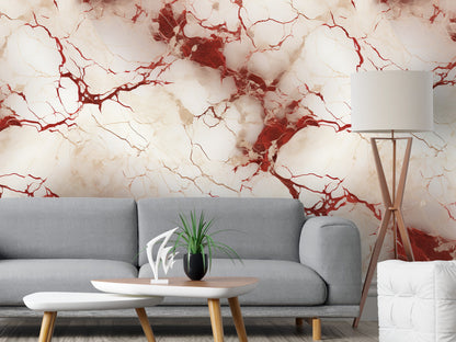 Removable Wallpaper, White and Red Marble - Peel & Stick, Reusable, Self Adhesive, 26" Panels, Easy Install, Seamless