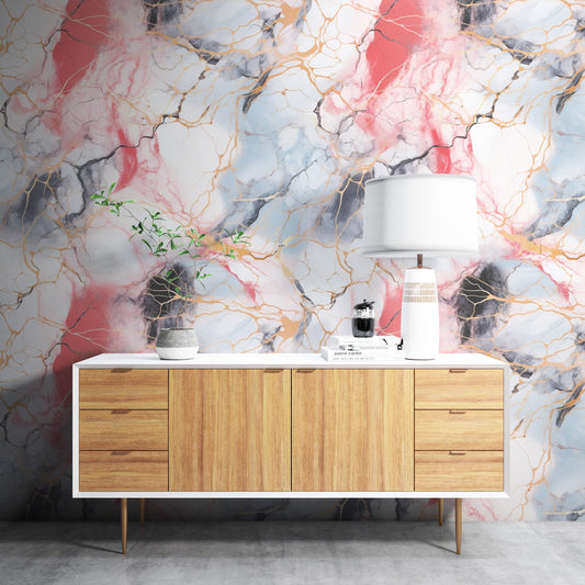 Removable Wallpaper, Blue, Black and Red Marble - Peel & Stick, Reusable, Self Adhesive, 26" Panels, Easy Install, Seamless