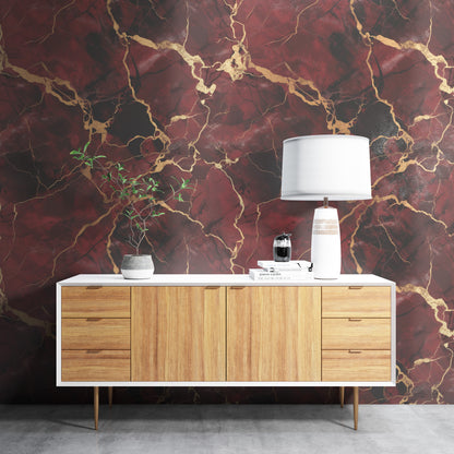 Removable Wallpaper, Gold and Red Marble - Peel & Stick, Reusable, Self Adhesive, 26" Panels, Easy Install, Seamless