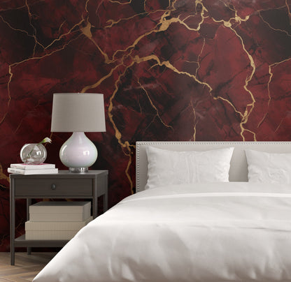 Removable Wallpaper, Gold and Red Marble - Peel & Stick, Reusable, Self Adhesive, 26" Panels, Easy Install, Seamless