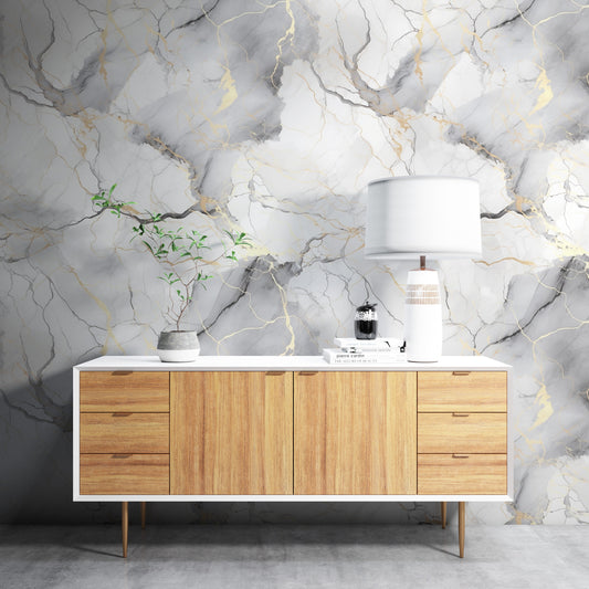 Removable Wallpaper, White Marble Design Gray and Gold Marble - Peel & Stick, Reusable, Self Adhesive, 26" Panels, Easy Install, Seamless