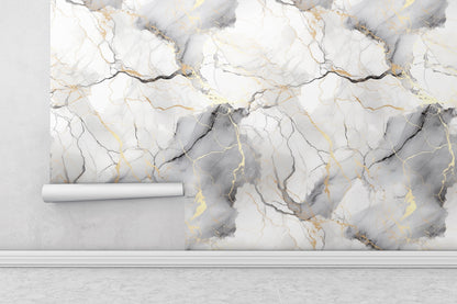 Removable Wallpaper, White Marble Design Gray and Gold Marble - Peel & Stick, Reusable, Self Adhesive, 26" Panels, Easy Install, Seamless