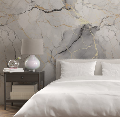 Removable Wallpaper, White Marble Design Gray and Gold Marble - Peel & Stick, Reusable, Self Adhesive, 26" Panels, Easy Install, Seamless