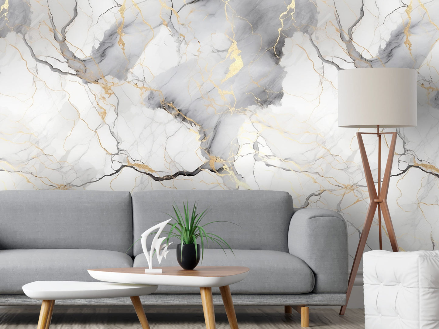 Removable Wallpaper, White Marble Design Gray and Gold Marble - Peel & Stick, Reusable, Self Adhesive, 26" Panels, Easy Install, Seamless