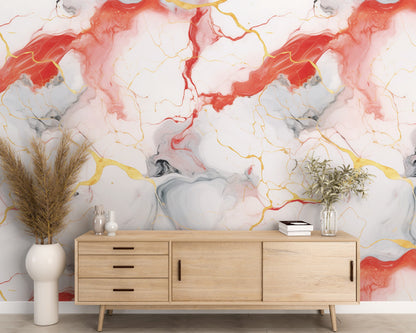 Removable Wallpaper, White Marble Design Red and Yellow Marble - Peel & Stick, Reusable, Self Adhesive, 26" Panels, Easy Install, Seamless