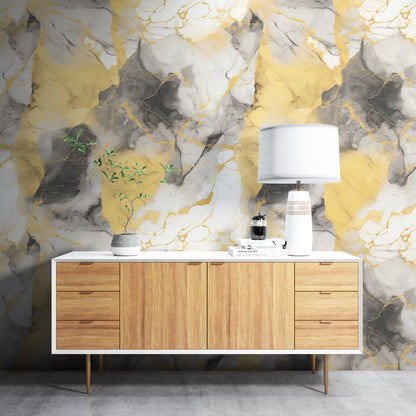 Removable Wallpaper, Yellow and Black Marble - Peel & Stick, Reusable, Self Adhesive, 26" Panels, Easy Install, Seamless