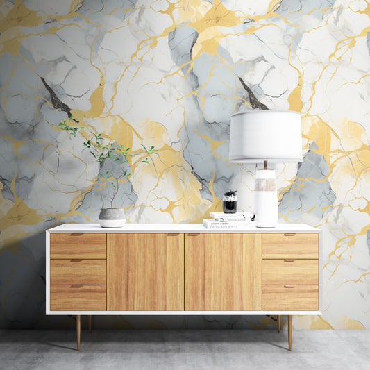 Removable Wallpaper, Yellow and Blue Marble - Peel & Stick, Reusable, Self Adhesive, 26" Panels, Easy Install, Seamless