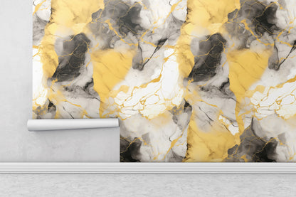 Removable Wallpaper, Yellow and Black Marble - Peel & Stick, Reusable, Self Adhesive, 26" Panels, Easy Install, Seamless