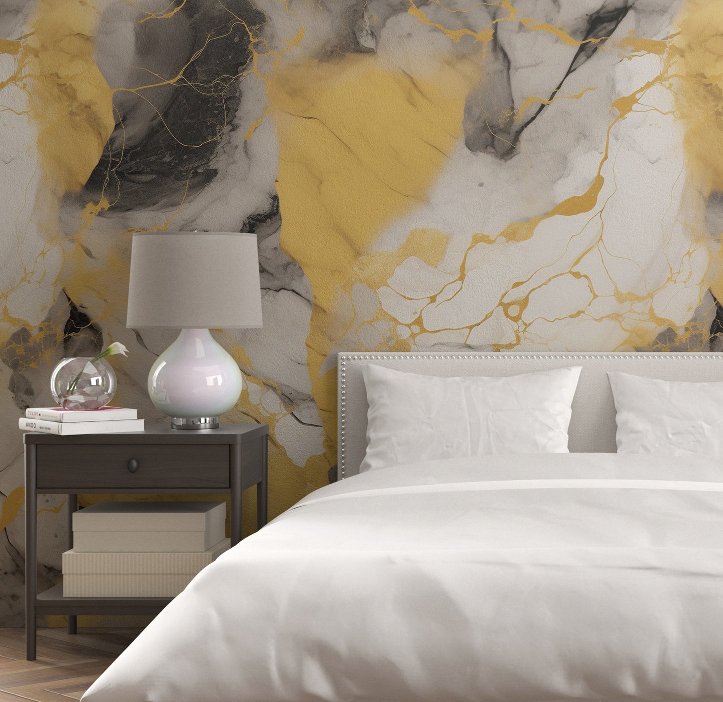 Removable Wallpaper, Yellow and Black Marble - Peel & Stick, Reusable, Self Adhesive, 26" Panels, Easy Install, Seamless