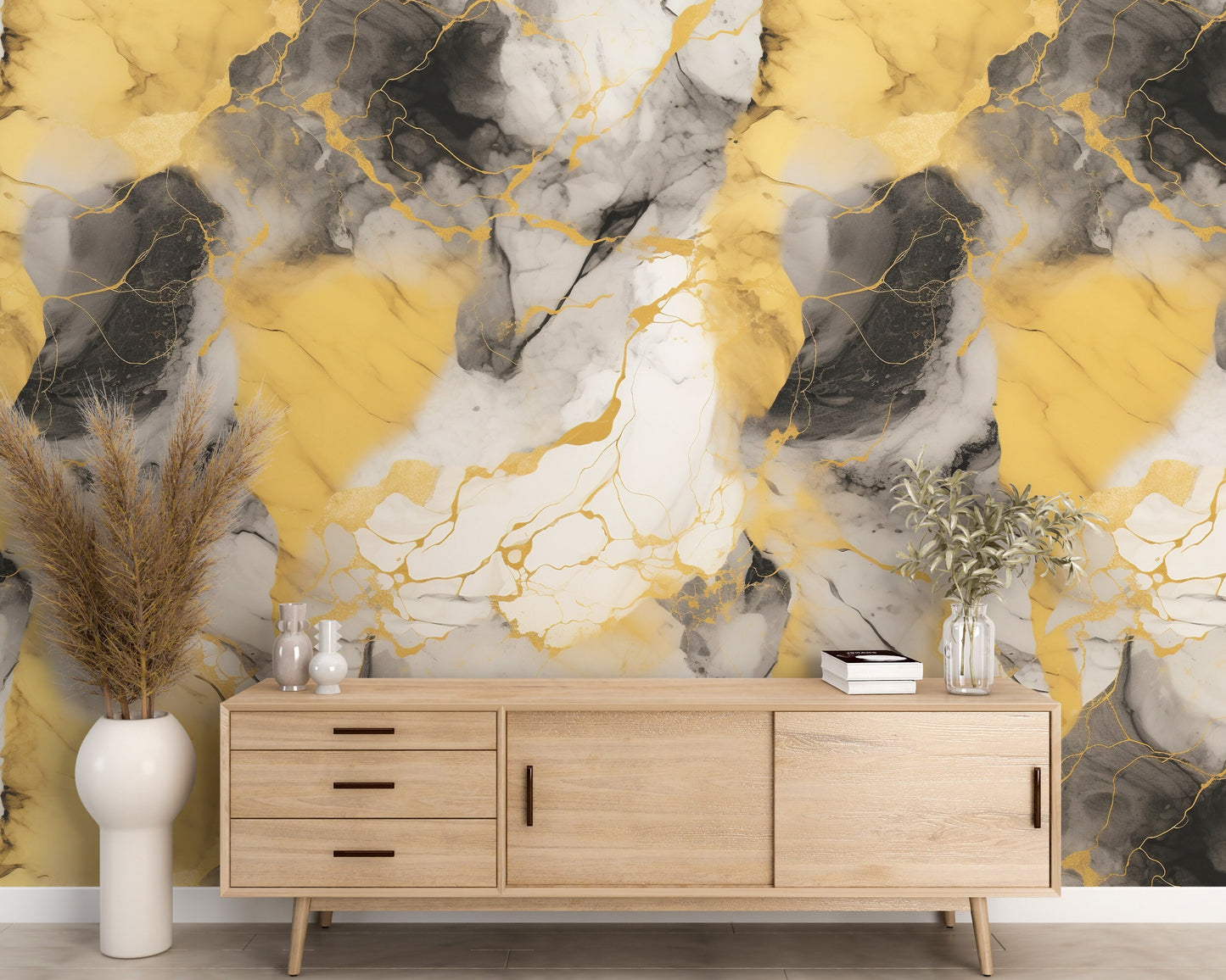 Removable Wallpaper, Yellow and Black Marble - Peel & Stick, Reusable, Self Adhesive, 26" Panels, Easy Install, Seamless