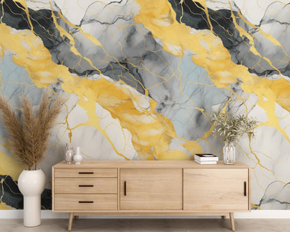 Removable Wallpaper, Black and Yellow Marble - Peel & Stick, Reusable, Self Adhesive, 26" Panels, Easy Install, Seamless