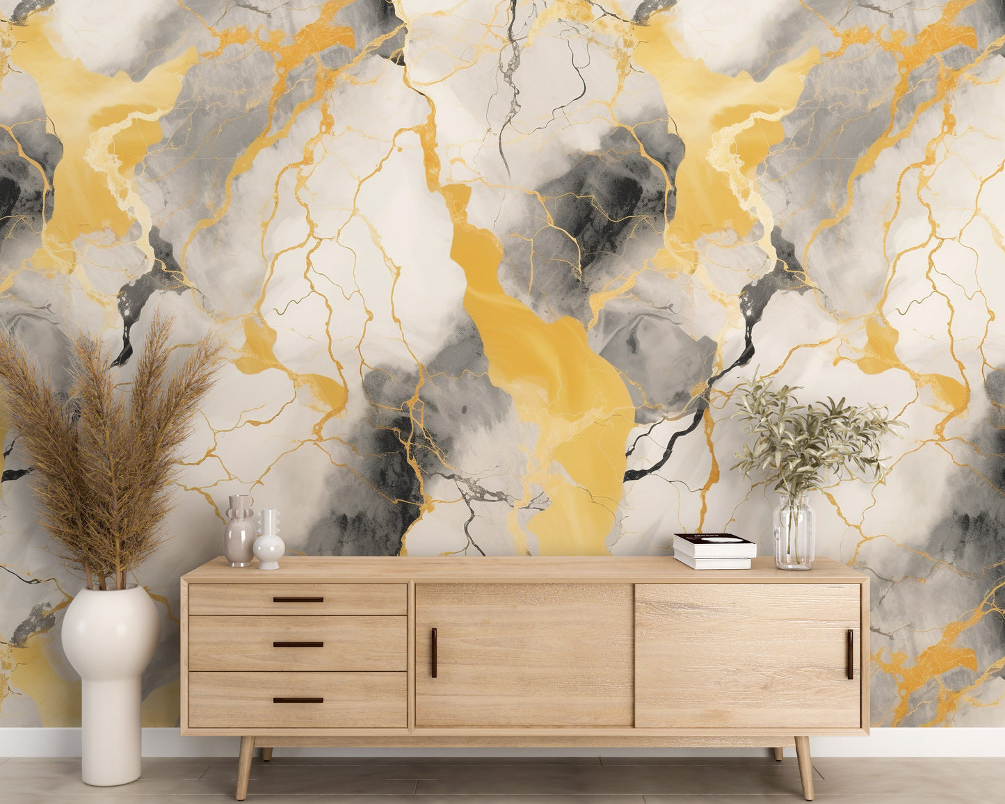 Removable Wallpaper, Black, Yellow and White Marble - Peel & Stick, Reusable, Self Adhesive, 26" Panels, Easy Install, Seamless