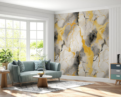 Removable Wallpaper, Black, Yellow and White Marble - Peel & Stick, Reusable, Self Adhesive, 26" Panels, Easy Install, Seamless