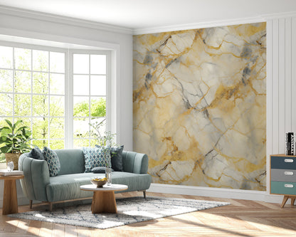 Removable Wallpaper, Yellow and Gray Marble - Peel & Stick, Reusable, Self Adhesive, 26" Panels, Easy Install, Seamless