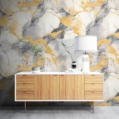 Removable Wallpaper, Gray and Yellow Marble - Peel & Stick, Reusable, Self Adhesive, 26" Panels, Easy Install, Seamless