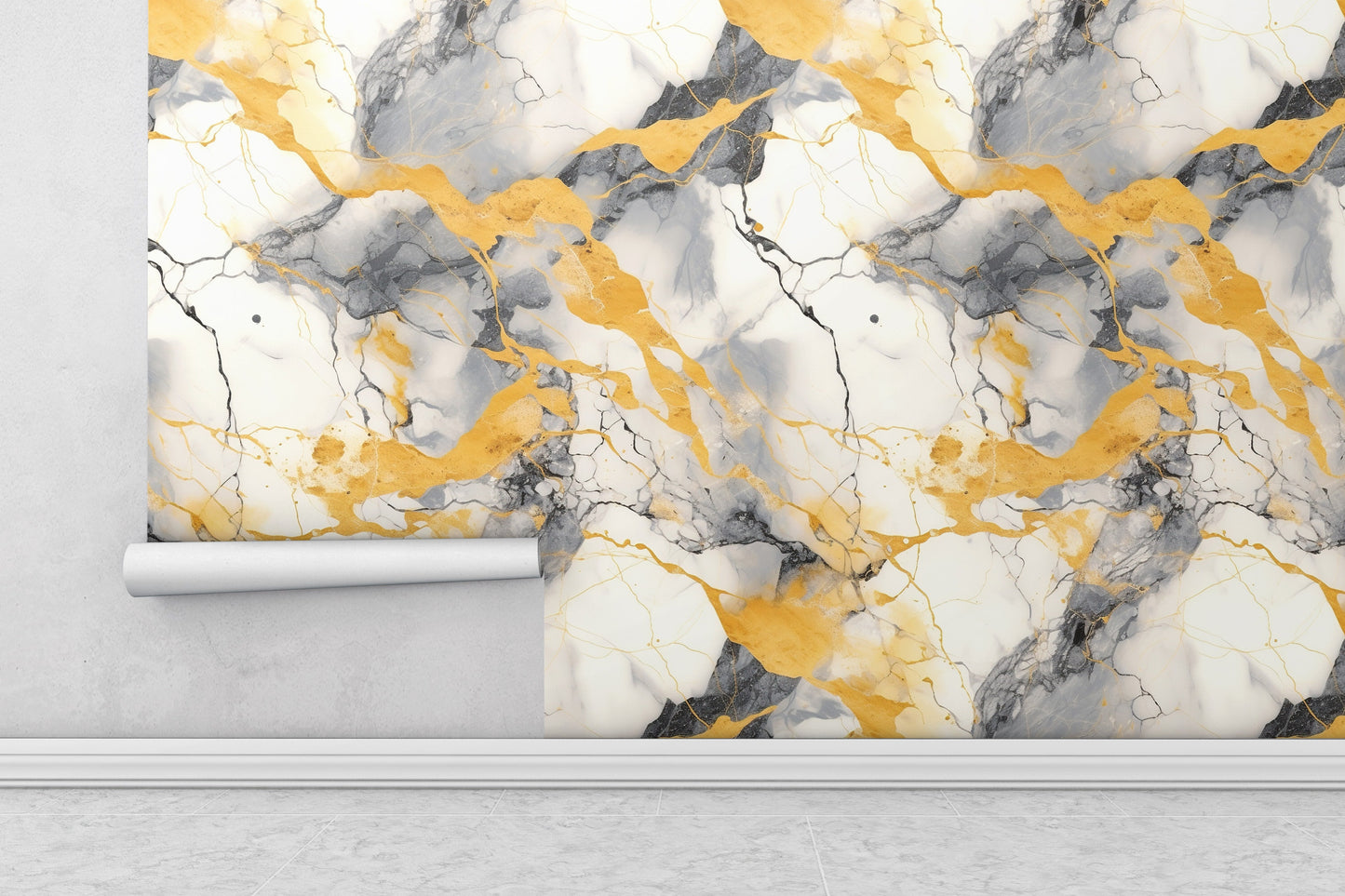 Removable Wallpaper, Gray and Yellow Marble - Peel & Stick, Reusable, Self Adhesive, 26" Panels, Easy Install, Seamless