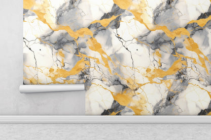 Removable Wallpaper, Gray and Yellow Marble - Peel & Stick, Reusable, Self Adhesive, 26" Panels, Easy Install, Seamless