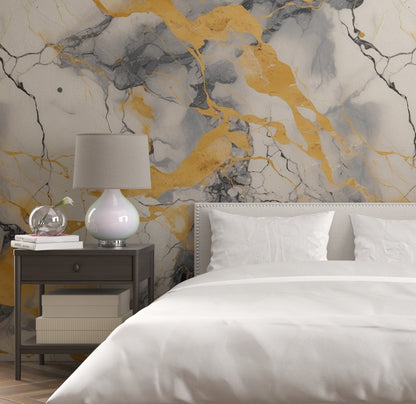 Removable Wallpaper, Gray and Yellow Marble - Peel & Stick, Reusable, Self Adhesive, 26" Panels, Easy Install, Seamless