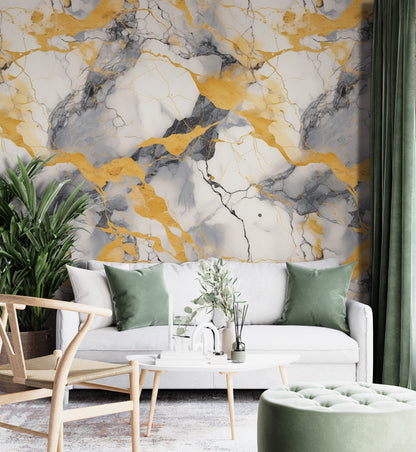 Removable Wallpaper, Gray and Yellow Marble - Peel & Stick, Reusable, Self Adhesive, 26" Panels, Easy Install, Seamless