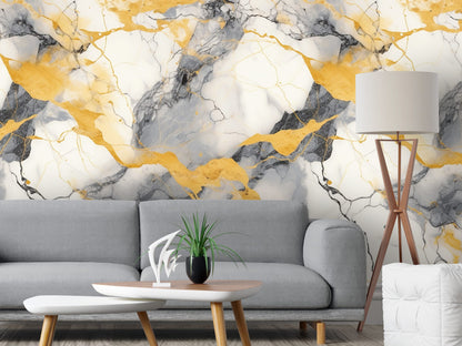 Removable Wallpaper, Gray and Yellow Marble - Peel & Stick, Reusable, Self Adhesive, 26" Panels, Easy Install, Seamless