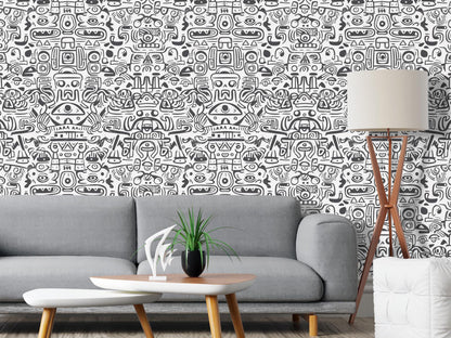 Removable Wallpaper, Black and White Doodle Design - Peel & Stick, Reusable, Self Adhesive, 26 Inch Fixed Panels Easy Install, Seamless