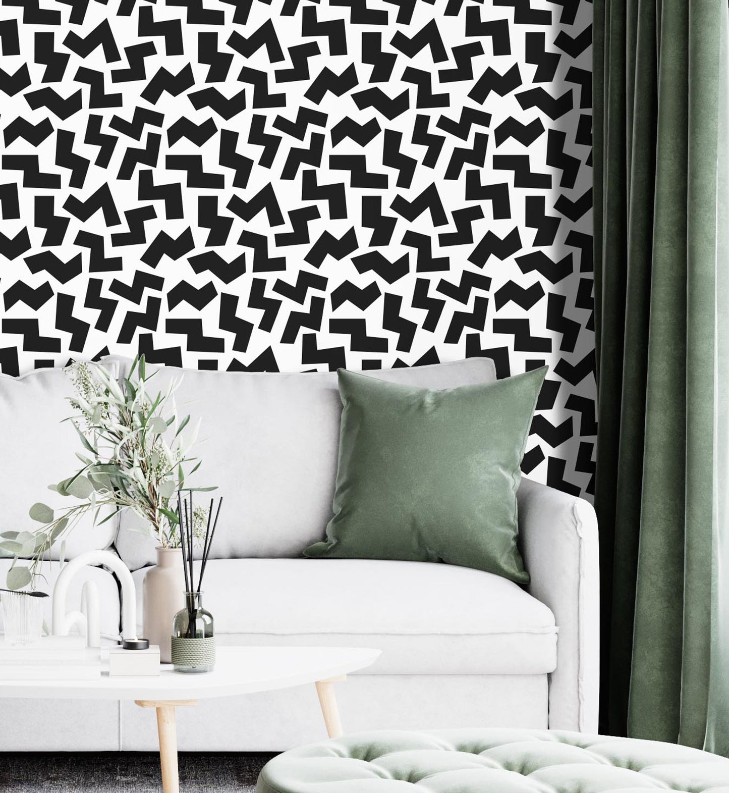 Removable Wallpaper, Black and White Geo Pattern - Peel & Stick, Reusable, Self Adhesive, 26 Inch Fixed Panels Easy Install, Seamless