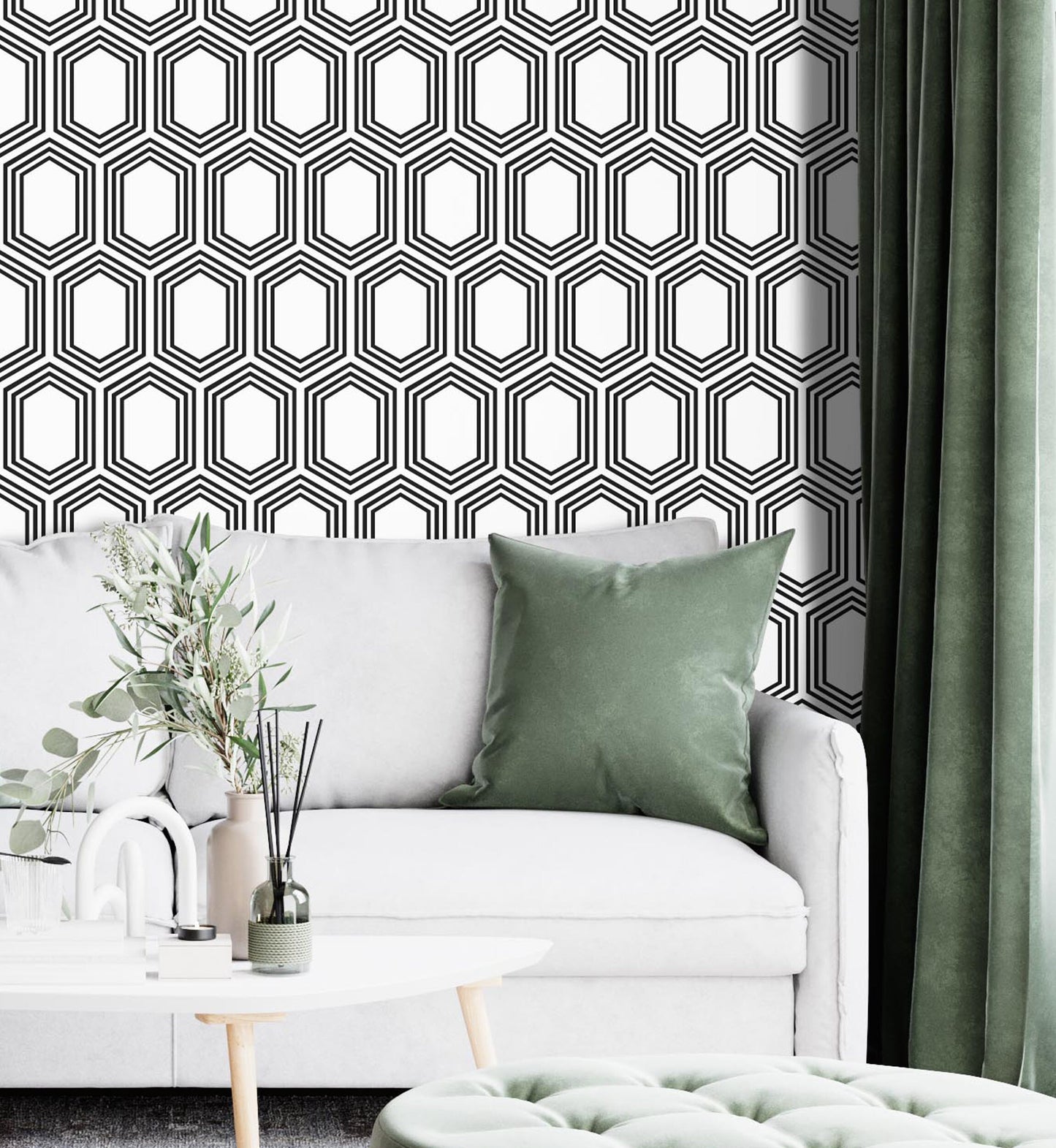 Removable Wallpaper, Black and White Hexagon -Peel & Stick, Reusable, Self Adhesive, 26 Inch Fixed Panels Easy Install, Seamless Home decor