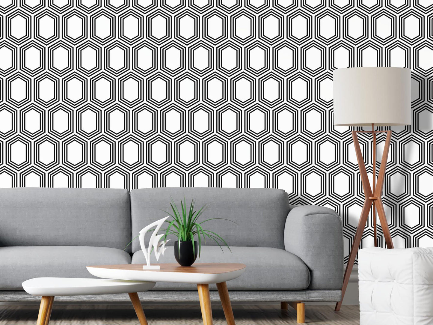 Removable Wallpaper, Black and White Hexagon -Peel & Stick, Reusable, Self Adhesive, 26 Inch Fixed Panels Easy Install, Seamless Home decor