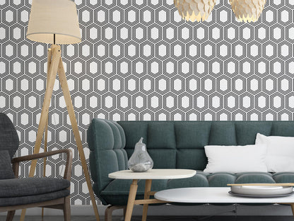 Removable Wallpaper, Black and White Hexagon -Peel & Stick, Reusable, Self Adhesive, 26 Inch Fixed Panels Easy Install, Seamless Home decor