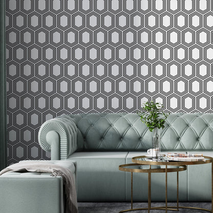 Removable Wallpaper, Black and White Hexagon -Peel & Stick, Reusable, Self Adhesive, 26 Inch Fixed Panels Easy Install, Seamless Home decor