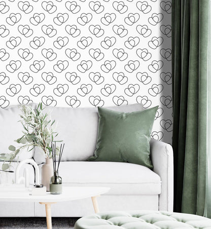 Removable Wallpaper, Black and White Heart Pattern - Peel & Stick, Reusable, Self Adhesive, 26 Inch Fixed Panels Easy Install, Seamless