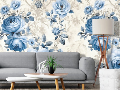 Removable Wallpaper, Blue Rose Floral - Peel & Stick, Reusable, Self Adhesive, 26 Inch Fixed Panels, Easy Install, Seamless