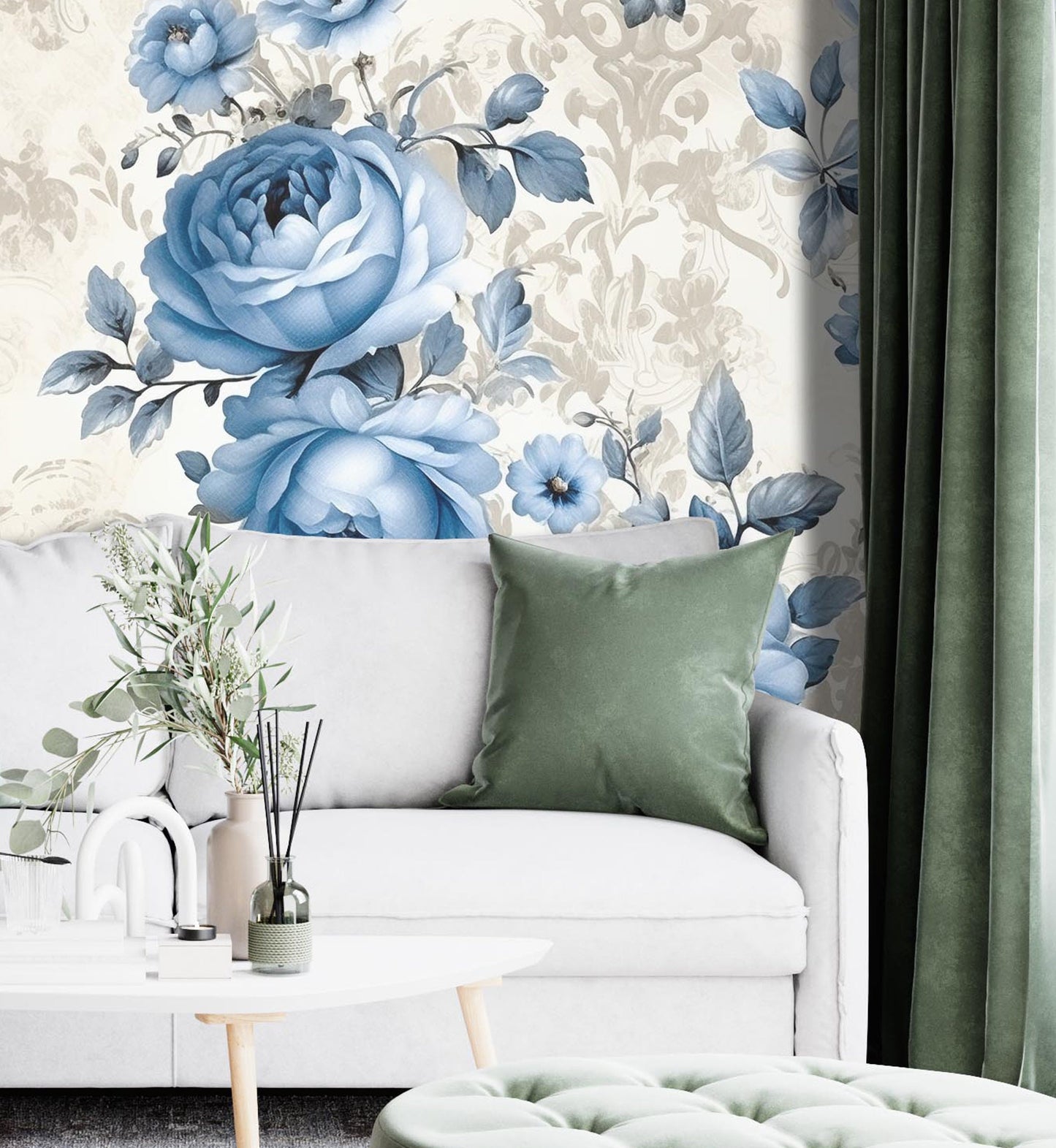 Removable Wallpaper, Blue Rose Floral - Peel & Stick, Reusable, Self Adhesive, 26 Inch Fixed Panels, Easy Install, Seamless