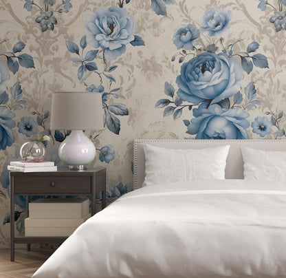 Removable Wallpaper, Blue Rose Floral - Peel & Stick, Reusable, Self Adhesive, 26 Inch Fixed Panels, Easy Install, Seamless