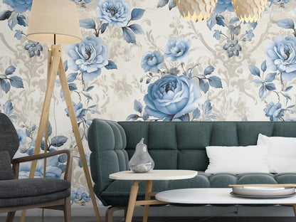 Removable Wallpaper, Blue Rose Floral - Peel & Stick, Reusable, Self Adhesive, 26 Inch Fixed Panels, Easy Install, Seamless