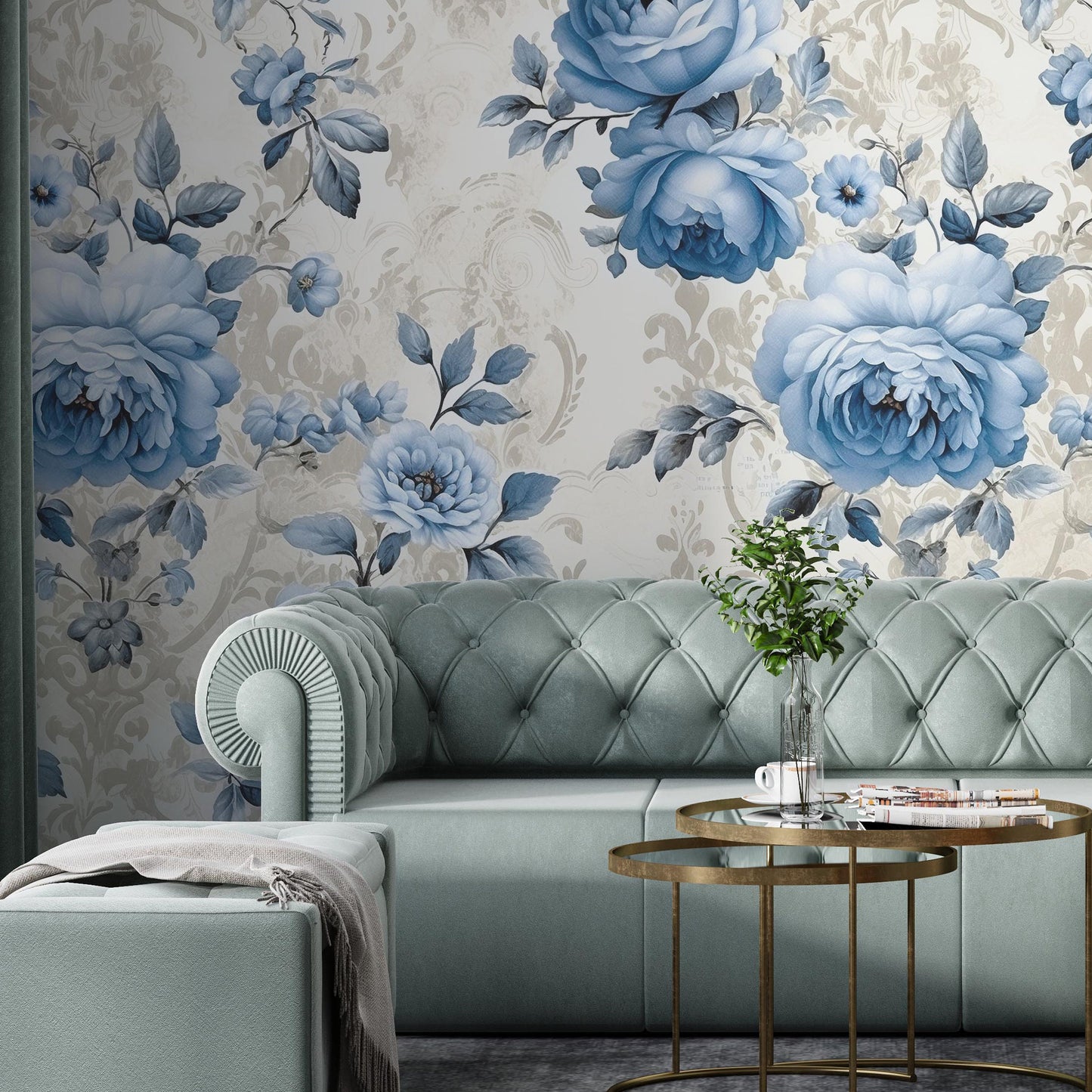 Removable Wallpaper, Blue Rose Floral - Peel & Stick, Reusable, Self Adhesive, 26 Inch Fixed Panels, Easy Install, Seamless