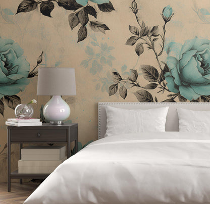 Removable Wallpaper, Blue and Black Rose - Peel & Stick, Reusable, Self Adhesive, 26 Inch Fixed Panels, Easy Install, Seamless