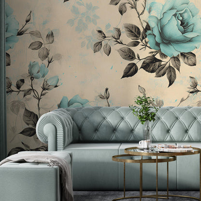 Removable Wallpaper, Blue and Black Rose - Peel & Stick, Reusable, Self Adhesive, 26 Inch Fixed Panels, Easy Install, Seamless