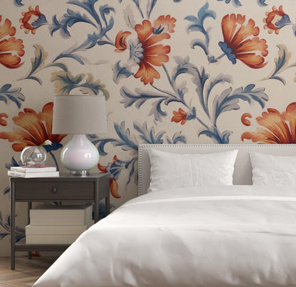 Removable Wallpaper, Blue and Orange Floral - Peel & Stick, Reusable, Self Adhesive, 26 Inch Fixed Panels, Easy Install, Seamless