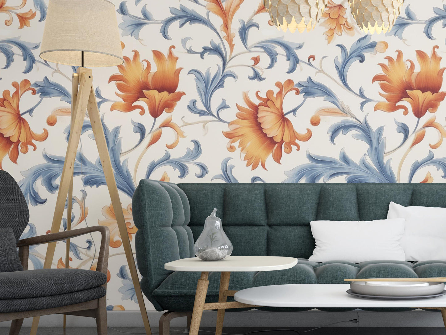 Removable Wallpaper, Orange and Blue Floral - Peel & Stick, Reusable, Self Adhesive, 26 Inch Fixed Panels, Easy Install, Seamless