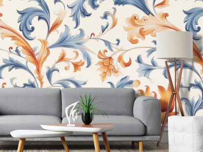 Removable Wallpaper, Orange and Blue Floral - Peel & Stick, Reusable, Self Adhesive, 26 Inch Fixed Panels, Easy Install, Seamless