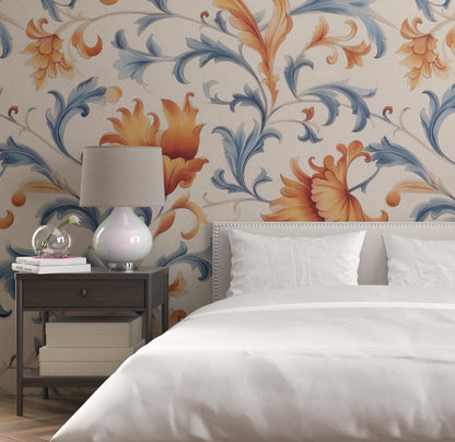 Removable Wallpaper, Orange and Blue Floral - Peel & Stick, Reusable, Self Adhesive, 26 Inch Fixed Panels, Easy Install, Seamless