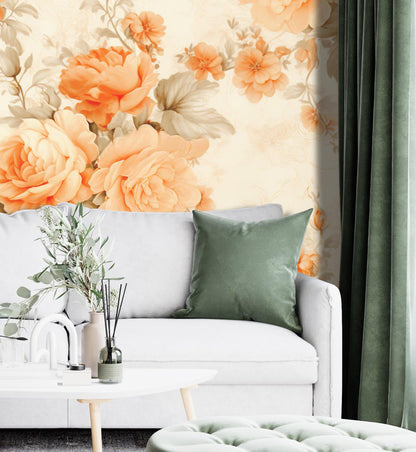 Orange Floral Removable Wallpaper- Peel & Stick, Reusable, Self Adhesive, Rose Pattern, 26 Inch Fixed Panels, Easy Install, Seamless