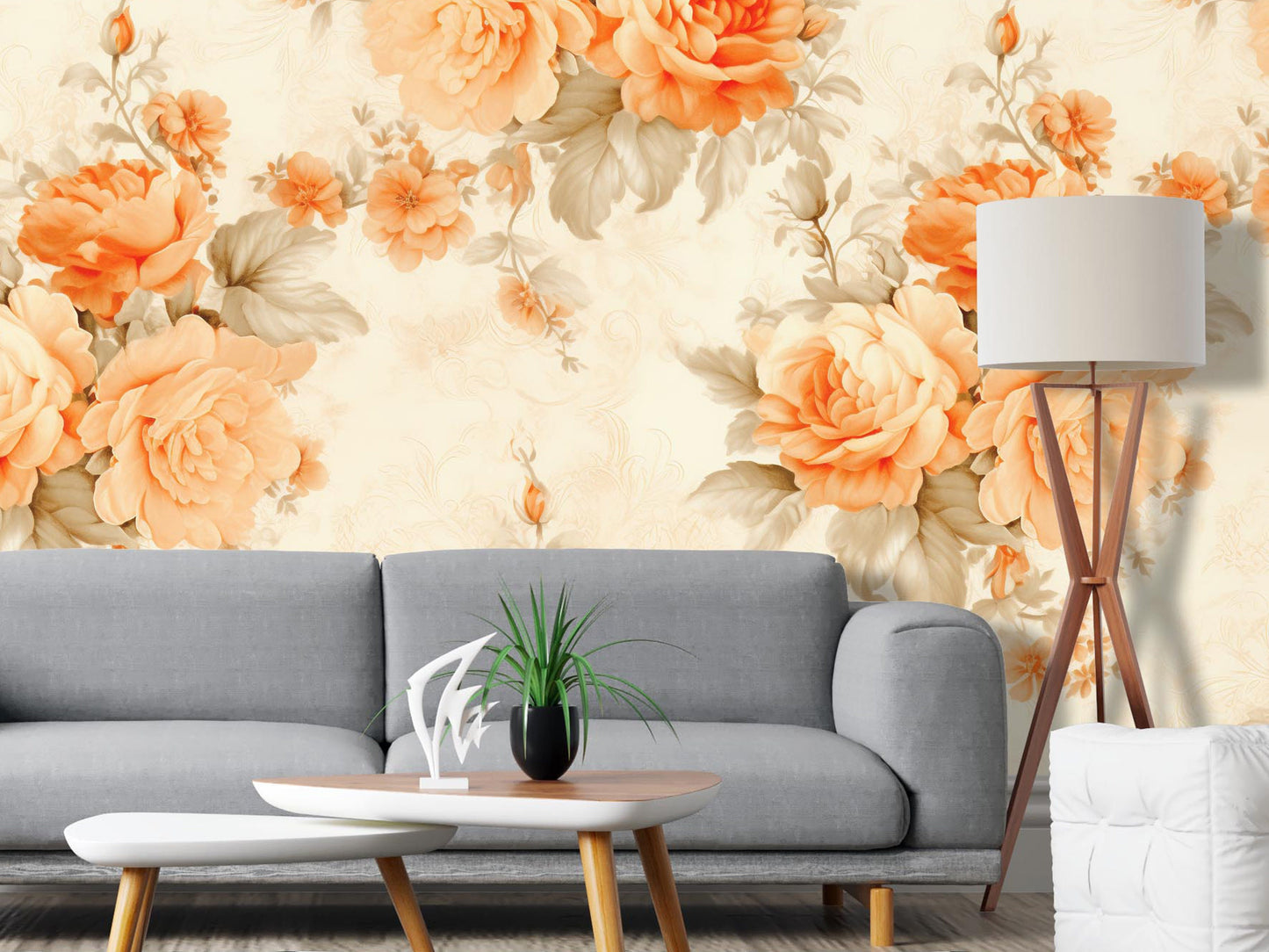 Orange Floral Removable Wallpaper- Peel & Stick, Reusable, Self Adhesive, Rose Pattern, 26 Inch Fixed Panels, Easy Install, Seamless